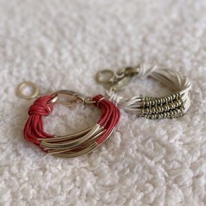 𝅺SET of 2- Ivory & Red Cord with Gold Tone Tubular Bead Multi Strand Bracelets